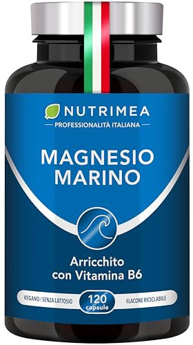 Magnesio Marino | Con Vitamina B6 | Contro Stanchezza e Stress | Aumenta le Funzioni Cognitive | Contro i Disturbi del Sonno | Senza Glutine e Lattosio | Vegano | 120 Capsule | Nutrimea