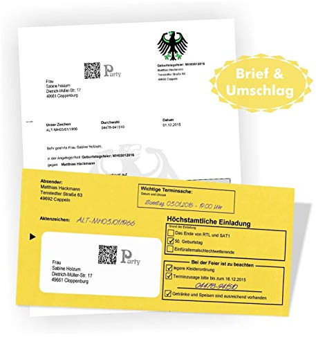 Unser-Festtag DAS ORIGINAL - 10 x Voll verrückte Einladung zum Geburtstag - Mahnung Mahnbrief Mahnbescheid Zustellung Förmlich - Wunschtext Briefe mit Umschlag (10 bis 100 Briefe)