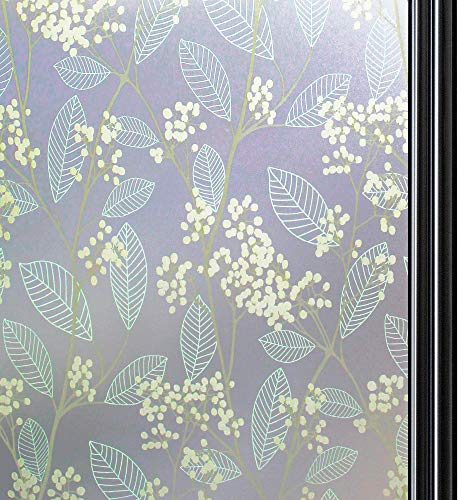 Quaslen Privacy Window Film Frosted Window Film Leaf Pattern Decorative Window Sticker Non Adhesive Anti UV Static Cling Glass Film Protection for Home Kitchen Bedroom (90 x 200 cm)