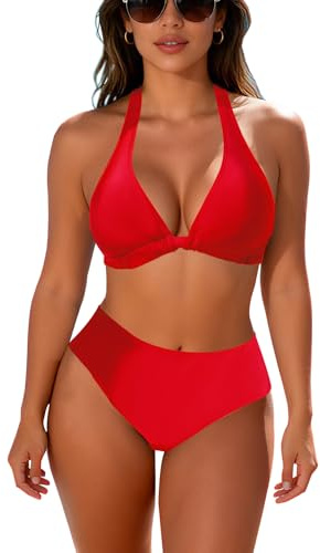 JFAN Dam nackhållare bikiniset tvådelad baddräkt strandkläder med hög midja bikinibyxor bikini blomtryck bikinitopp retro mode, röd, S
