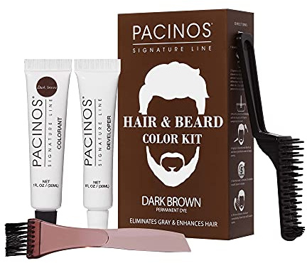 Pacinos Hair & Beard Color Kit (Dark Brown) - Hair Color For Men, Eliminates Grays in 5 minutes, Easy to Apply Brush-In Formula, Enhances Appearance of Hair, For Moustache & Beard