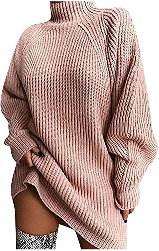seiveini Donna Maglione Abito Elegante Collo Alto Pullover Caldo Invernale Maglieria Lunghe Vestiti Manica Lunga Autunno Oversize Rosa XL