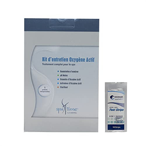 BAYROL SpaTime KIT d'entretien O2 (OXYGENE Actif) - 4,6kg | Coffret de Traitement et Entretien Complet - Désinfection Régulière et Choc sans Chlore - Oxygène Actif + 10 Tests HPS OFFERTS 6 en 1