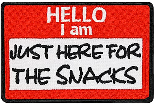 Hello I am Patch Hello I am just here for the snacks tygmärke stryka på rolig lapp att sy på/stryka på | Hello my name is Sticker namnskylt strykbild för alla tyger | 75 x 50 mm