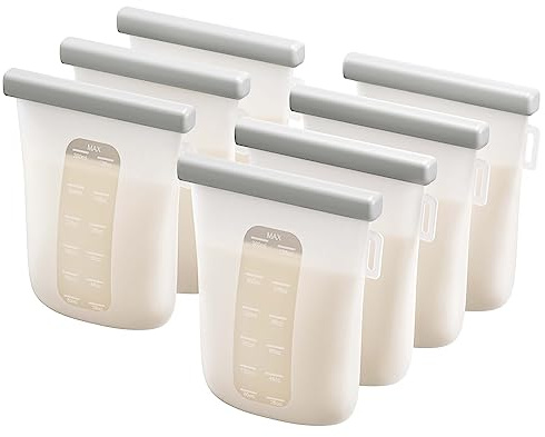 Nuliie 7 Pcs Reusable Silicone Breastmilk Storage Bags, 12oz/360ml Double Leak-Proof Breastmilk Freezer Bags, BPA Free Self-Standing Milk Bags for Breastfeeding, Baby Food Pouches