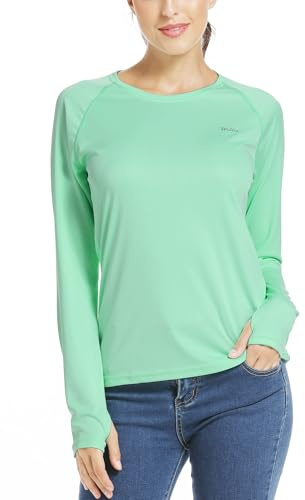 WILLIT Damsportblusar UPF 50+ solskydd skjorta långärmad sportskjorta rashguard badmode löpning simning vandring fiske toppar lättvikt, Ljusgrön, L