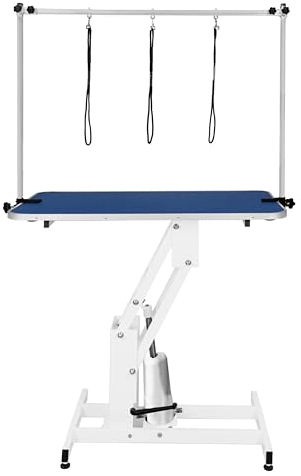 Hydraulischer Hundepflegetisch Höhenverstellbar Profi Trimmtisch | für Tiere bis zu 180kg | 106 x 61cm Gummioberfläche, 4 anpassbare Stallfüße & 3 Schlaufenleinen [Weißer Rahmen & Blauer Tisch]