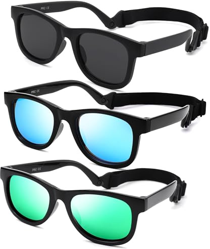 NULOOQ Flexible Polarized Baby Sunglasses with Strap Adjustable for Toddler & Newborn Infant 0-18 Months (Black/Gray + Black/Blue + Black/Green) - 3 Pack