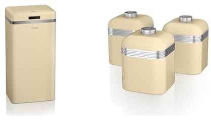 SWAN SWKA4500CN Retro Kitchen Bin with Infrared Technology, Square, Cream, 45 Litre & SWKA1020CN Retro Kitchen Storage Canisters, Set of 3, Iron, 1 Litre, Cream