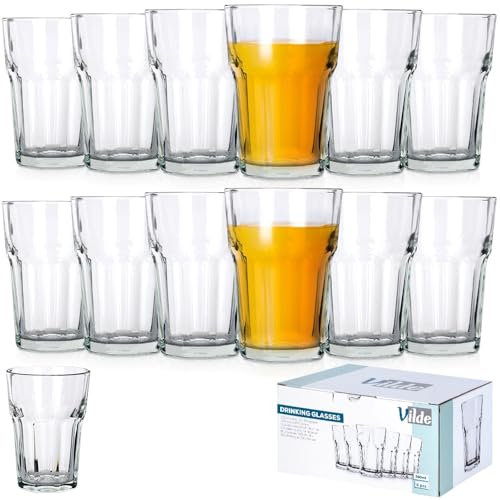 Vilde Juego de vasos de agua, vasos de zumo universales, alta resistencia a los golpes, vasos de zumo, vasos largos, vasos de cristal, 360 ml, 12 piezas