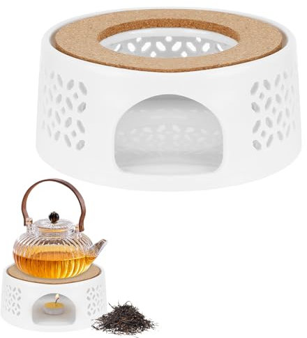 Calentador de Tetera Porcelana, Calentador de Té de Cerámica, Diseño Hueco Tallado, Calientaplatos para Tetera con Soporte de Corcho para Conservar el Calor del Té y del Café