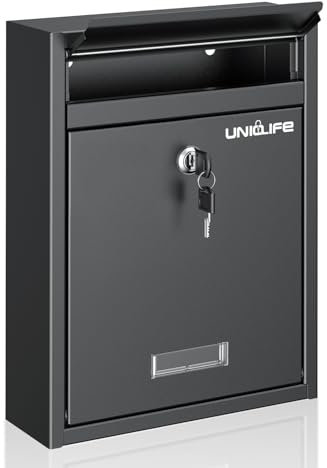 Uniclife Buzón de Pared para Exterior, Buzón con Cerradura, Buzón Grande con Cerradura de Llave, Buzón de Seguridad Casa, Buzón Seguro con Llave, Buzón de Correo, Buzón Casa Oficina Escuela, Negro