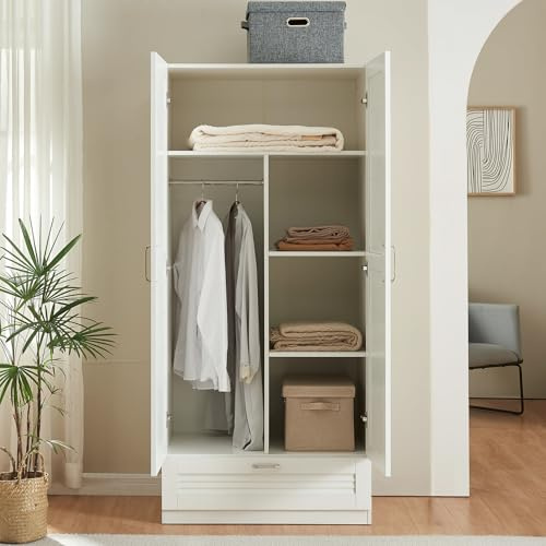 [en.casa] Armadio Guardaroba per Camera da Letto Armadio Chiuso con Ante a Persiana Scomparti Cassetto Asta Appendiabiti 176 x 80 x 52 cm MDF - Bianco