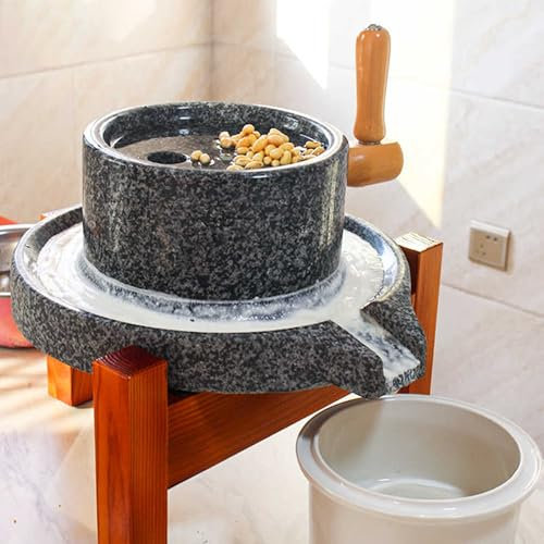 Vibeo Mulino a Pietra Macina Cereali in Granito Naturale 22x35 Cm con Supporto, Grano Riso Noci Soia Noce Moscata Spezie Chicchi di caffè Macinacaffè Manuale, Piccola Pietra Decorativa