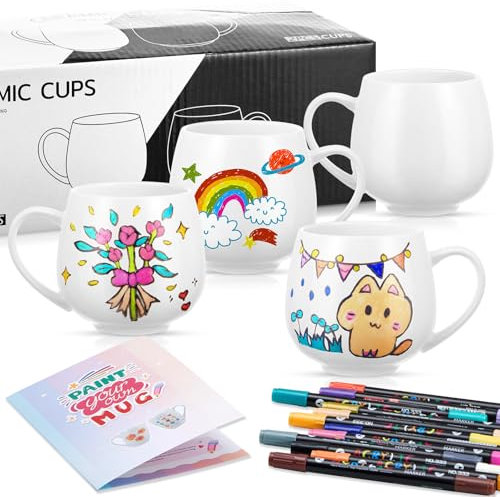 Geiserailie 4 Paintables Keramik Bemalen Set, Blanko Sublimationsbecher, Marker Stift mit 24 Farben Geschenk Partner Termin Weihnachten Familienaktivitäten Freundin Tochter Geburtstag(Stilvoller)