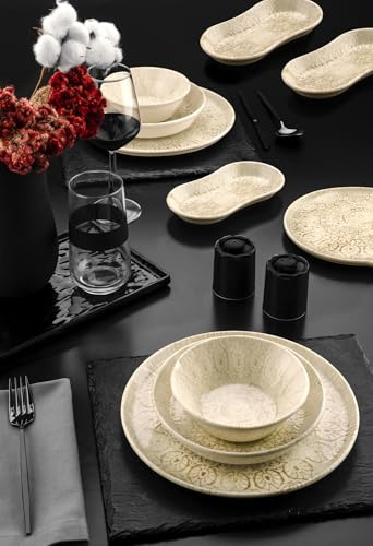 Service à dîner de 27 pièces, 100% porcelaine, couleur crème | Comprend des assiettes de service, des bols, des assiettes à dessert et des assiettes à bateau. Passe au lave-vaisselle et au