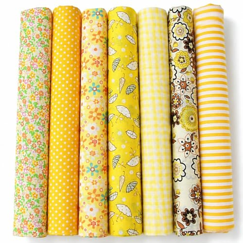 EXGOING 7pcs Fat Quarters Fabric Bundles, Yellow 50x50cm Precut Cotton | 20x20in (50x50cm), Precut Cotton Quilting Fabric Squares, For Sewing, Patchwork & DIY Crafts, Floral Easter Material