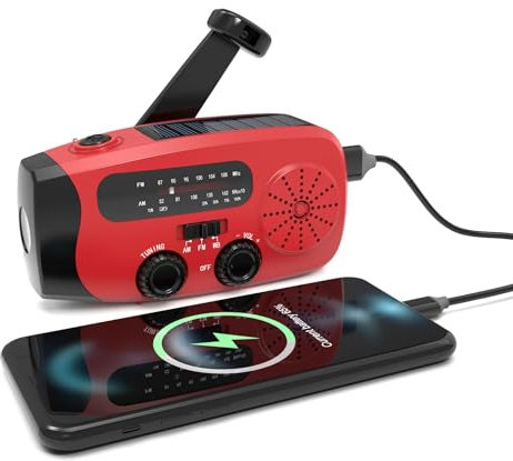 Radio Solaire d’Urgence, AM/FM Portable Radio Dynamo avec Lampe de Poche LED, Batterie 2000mAh,Radio à Manivelle, Idéal pour Camping, Randonnée, Panne de Courant et Kit de Survie