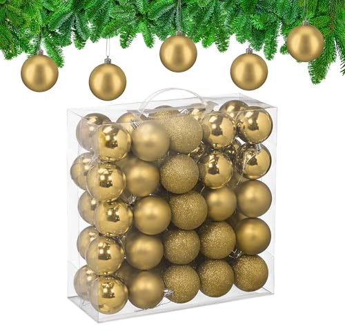 Relaxdays Palline di Natale, Set 50 Palle Albero, Addobbi Natalizi, ∅ 6 cm, in Plastica Opaca, Lucida, Glitter, Oro