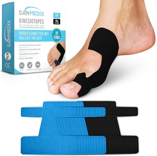 Sanmedix Hallux Valgus Kinesiotape – 20 nastri sportivi e fisioterapici pretagliati per alluce e piede – Nastro kinesiologico pretagliato per alluce valgo, delicato sulla pelle e senza lattice (Nero +