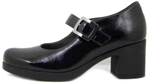PITILLOS Decolleté Mary Jane in Pelle Nappa Lucida Nero, Tacco Medio 6 cm e Plateau, 30100