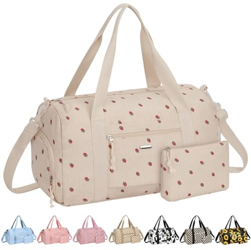 Vankor Corduroy Gym Bag for Women Teen Girls Kids Cute, Small Womens Girl Gym Duffle bag with Shoe Compartment Portable for Sport Dance Workout Travel Beige Corduroy Strawberry