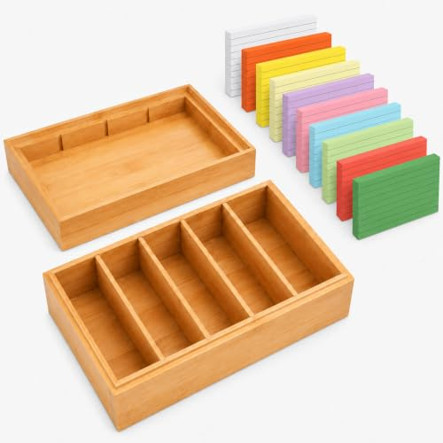 Scatola per schede A7, in legno, con 500 schede colorate, 4 divisori rimovibili, scatola in legno con coperchio, per scuole, aule, casa, ufficio (incluse schede indice)