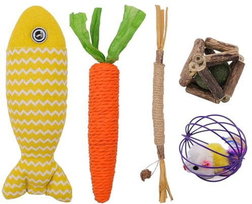 OVBOVA Cat Toys Set - 5PCS Interactive Indoor Toys for Kittens & Adult Cats with Catnip Fish, Chew Sticks & Puzzle Toys for Teeth Cleaning Play & Exercise
