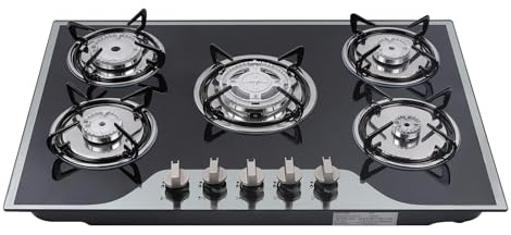 5 Burner Gas Stove, Hobs Built-in Gas Cooktop, Cast Iron Hob Stainless Steel Water Tray, Automatic Pulse Ignition, Tempered Glass Top, Lpg Ng Cooktop, for Built-in Kitchen Cooking