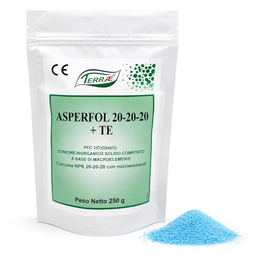 TERRAÉ Concime NPK 20 20 20 Idrosolubile 250 gr | Fertilizzante Piante Universale con Azoto, Fosforo, Potassio | Concime Orchidee 20 20 20, per Siepi, Piante da Frutto, Orto, Agrumi | Azotato Naturale