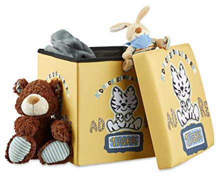Relaxdays Sgabello pieghevole bambini, cesta porta-giochi, pouf contenitore, scatola con coperchio, HxLxP 38x38x38 cm, tigre