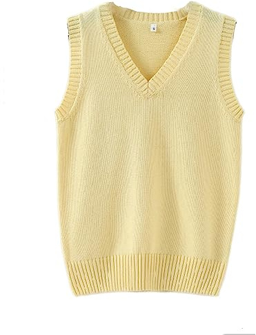 Men Women Knitted Cotton V-Neck Vest JK Uniform Pullover Sleeveless Sweater School Cardigan Yellow