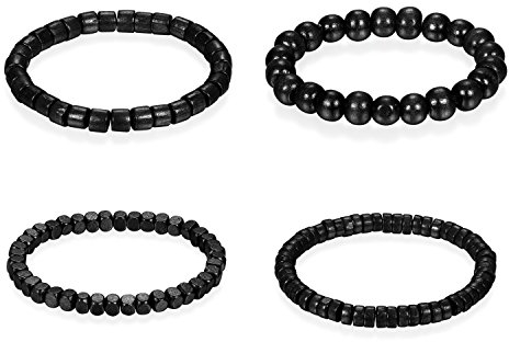 Flongo Armband Gebetskette Armkette, 4 Stück Holz Perle Perlen Kugel Gebetskette Armband Kette Schwarz Surfer Wickeln für Damen Herren Accessoires Schmuckset
