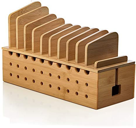 Prosumer's Choice Ständer für mehrere Ladestationen mit Kabelbox-Organizer – Schreibtisch-Organizer aus Bambus für 10 Geräte und Kabelmanagement – ​​kompatibel mit Smartphones und Tablets