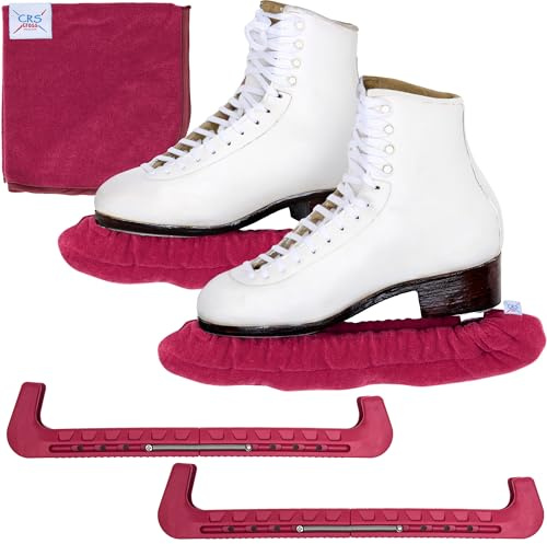 CRS Cross Ice Skate Guards, Soakers and Towel Gift Set. Essential Ice Skating Hard Guard and Soft Skate Blade Cover Accessories for Figure Skating or Hockey (Ruby, Large)