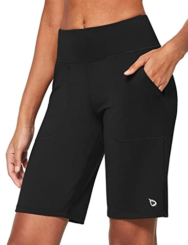 BALEAF Dam sportshorts med hög midja shorts sommar bermuda shorts med 2 fickor yoga, Svart, S
