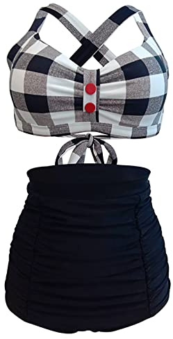 Bslingerie® Dam halter retro hög midja bikini baddräkt 2 st set, Svart rutig, S