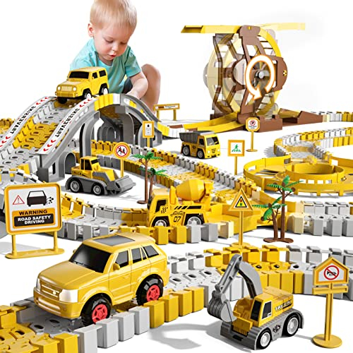 299PCS Autorennbahn Rennbahn 6 Autos Spielzeug, Spielzeug für 3 4 5 6 Jahre alt Jungen Mädchen Kinder, Flexible Track Kran Spiele, Elektroauto für Kinder Geschenk