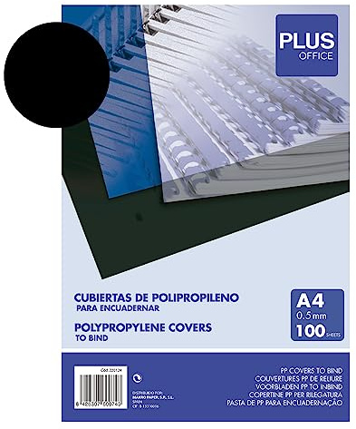 Plus Office - Portadas para Encuadernar de Polipropileno, 500 micras, Pack de 100 unidades, Cubiertas de Encuadernación de Plástico Color Negro Opaco, Formato A4
