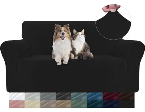 YSTELLAA Samt Sofa Überzug 2 Sitzer, Stretch Sofahusse Universal, Sofaschoner rutschfest, Sofa Covers Mit Armlehne, Couch Bezug Schutz Katze, Waschbare Couchschoner, Schwarz