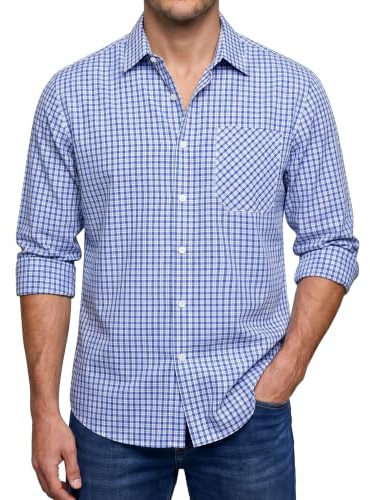 Enlision Mens Plaid Shirt Long Sleeve Check Shirts for Men Smart Casual Button Down Checked Lumberjack Formal Business Work Top with Pocket Regular Fit, Light Blue and White, 3XL