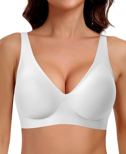 Ganado Damen BH Tiefem V-Ausschnitt Nahtloser BH Ohne Bügel Push Up BHS Bralette Soft Bequem BHS Bügellos Bustier (Weiß, M)