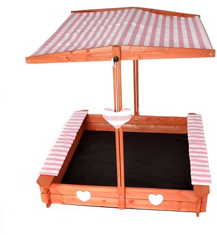 Sandkasten mit wasserdichtem Dach 120x120x120cm Naturholz Fichtenholz UV-Schutz + weiche Sitzkissen, Kantenschutz Vliesboden Sandspielzeug für Kinder (Rosa)