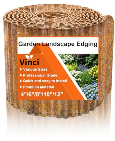 Vinci Garden Landscape Edging Border, 12 Inch x 20 FT Corrugated Sturdy Metal Easy Installation Safe Hemmed Lawn Garden Border Edges for DIY Flower Beds,Pathways and Patio Design (Rusted)