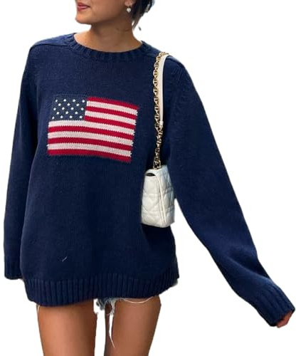 Caziffer Women American Flag Sweater Vintage Crewneck Jumper Top USA Knit Pullover Sweatshirt Preppy Striped Sweater (Deep Blue, L)
