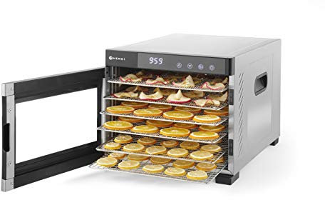 HENDI Deshidratador de alimentos, con 6 bandejas, secador eléctrico de frutas y verduras, temporizador de 24 hrs, temperatura regulable 35°-75°C, 230V, 600W, 340x450x(H)311mm, acero inoxidable, PP