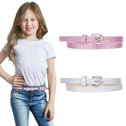 Kinder Gürtel Mädchen 2 Stück Kindergürtel Mädchen Elastische Gürtel Kinder Verstellbarer Glitzergürtel Glitter Kindergürtel mit Goldschnalle für Kleider Jeans Hose Silber Mädchen-gürtel 6 - 12 jahre