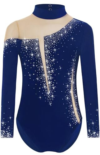 Yruioon Mädchen Turnanzug Glitzer Langarm Gymnastikanzug Strass Glänzend Eiskunstlauf Body Overall Sportbody Wettbewerb Tanzkostüm Navy blau 170-176
