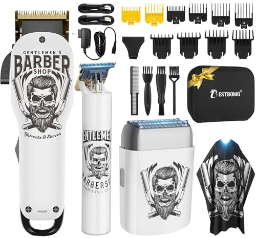 BESTBOMG Tagliacapelli Uomo Professionale Macchinetta per Capelli Senza Fili, Regolabarba Rasoiocapelli Trimmer Rasoio Elettrico Con Mantella da Barbiere e Pettine Limite