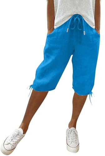 Knee Length Women UK Solid Color Cotton Linen Shorts Loose Casual Drawstring Capri Pants Comfy Lounge Elasticated Waist Beach Short with Pockets